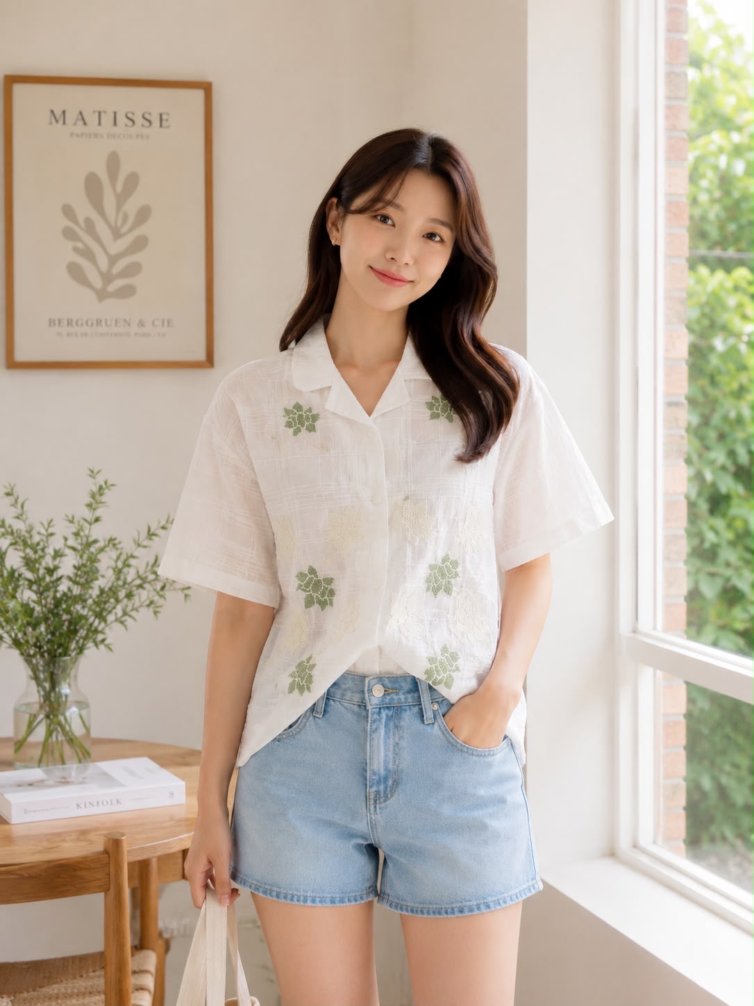 2 Korean Botanical Embroidered Textured Shirt