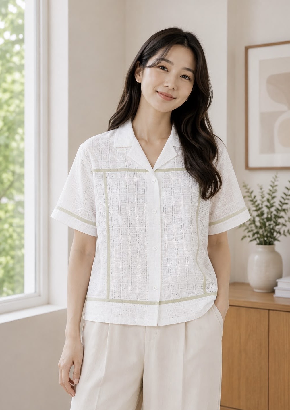 Textured Contrast Trim Casual Shirt