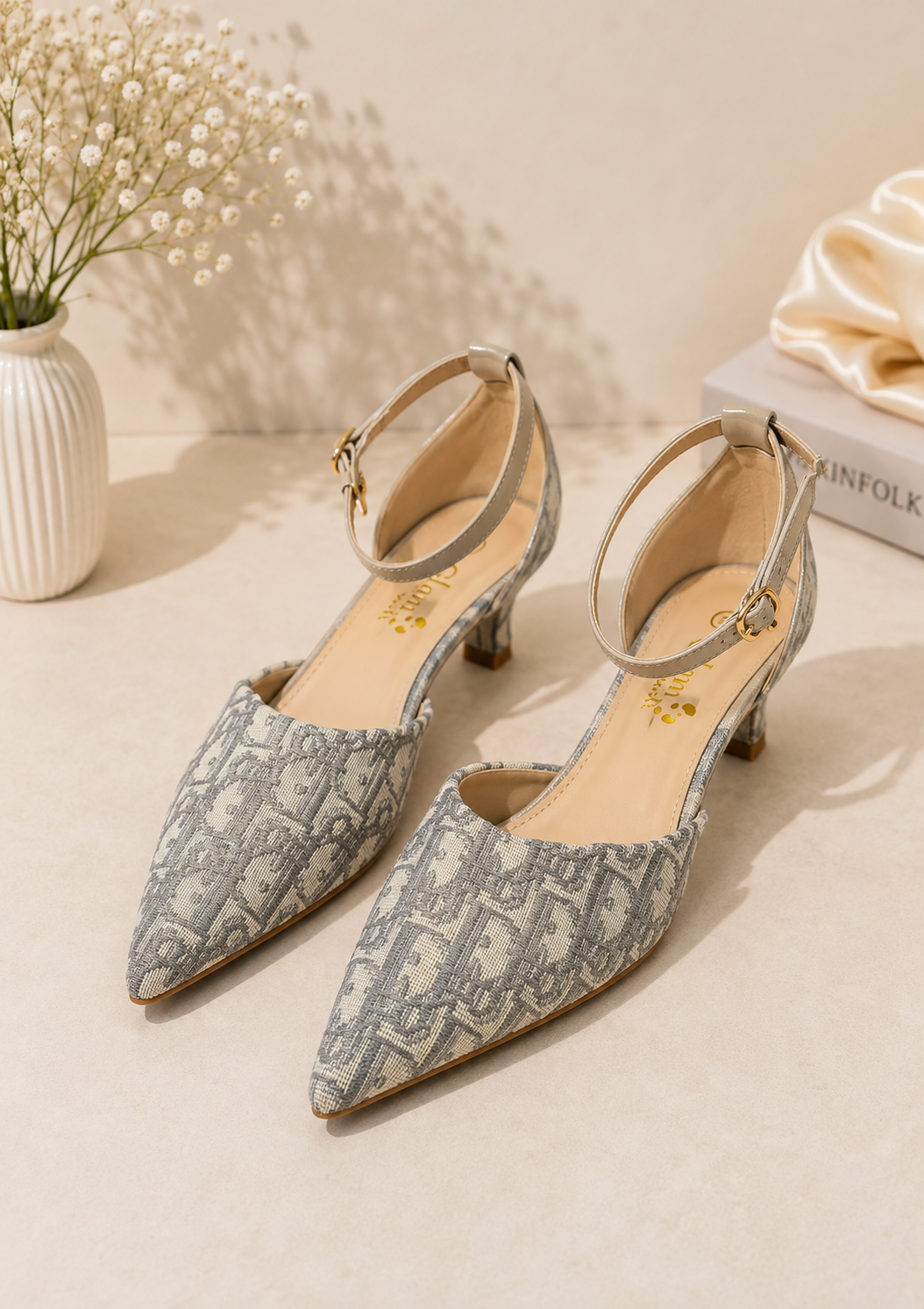 Monogram Pointed Toe Ankle Strap Heels