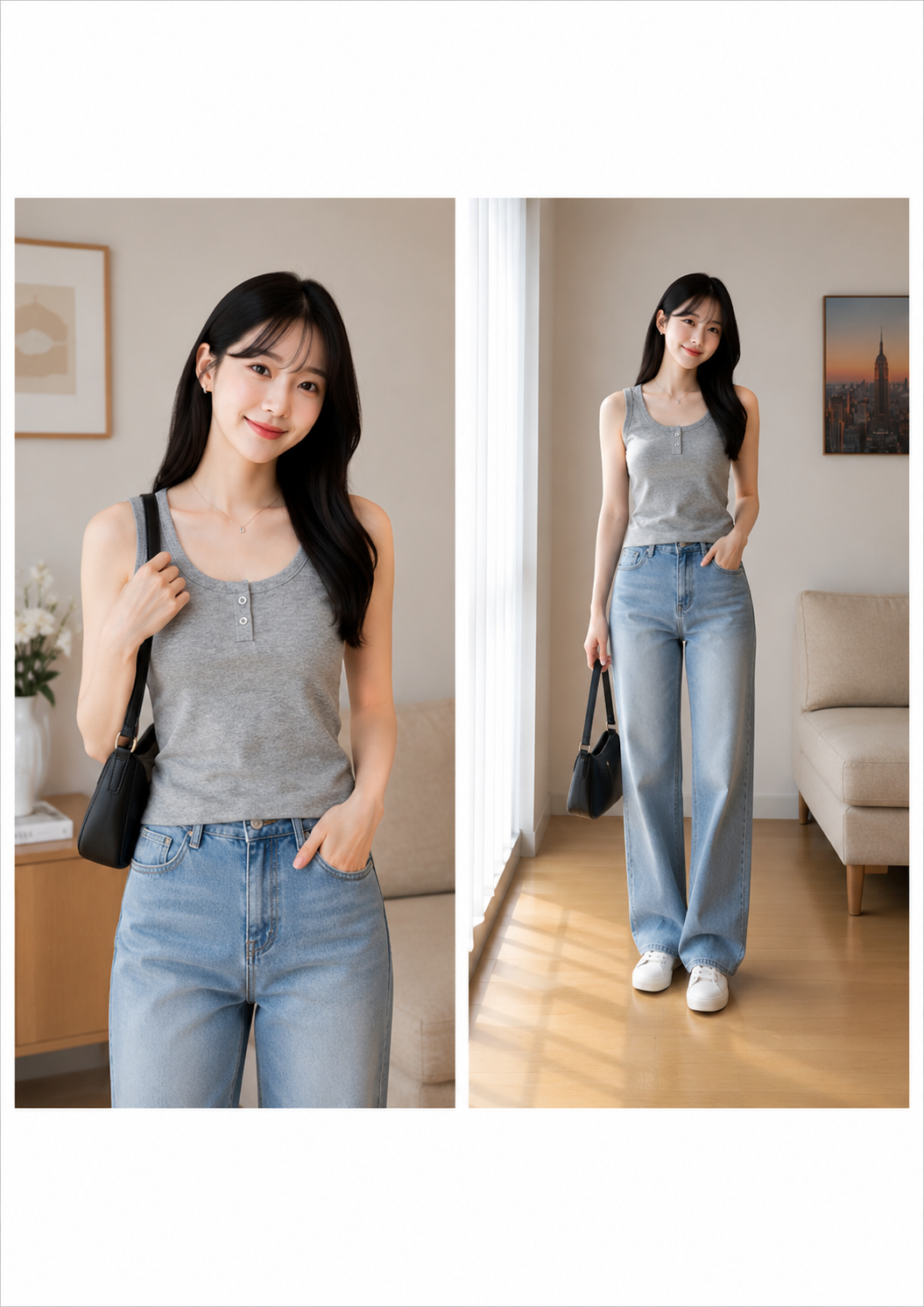 Women’s Ribbed Henley Tank Top – Heather Grey