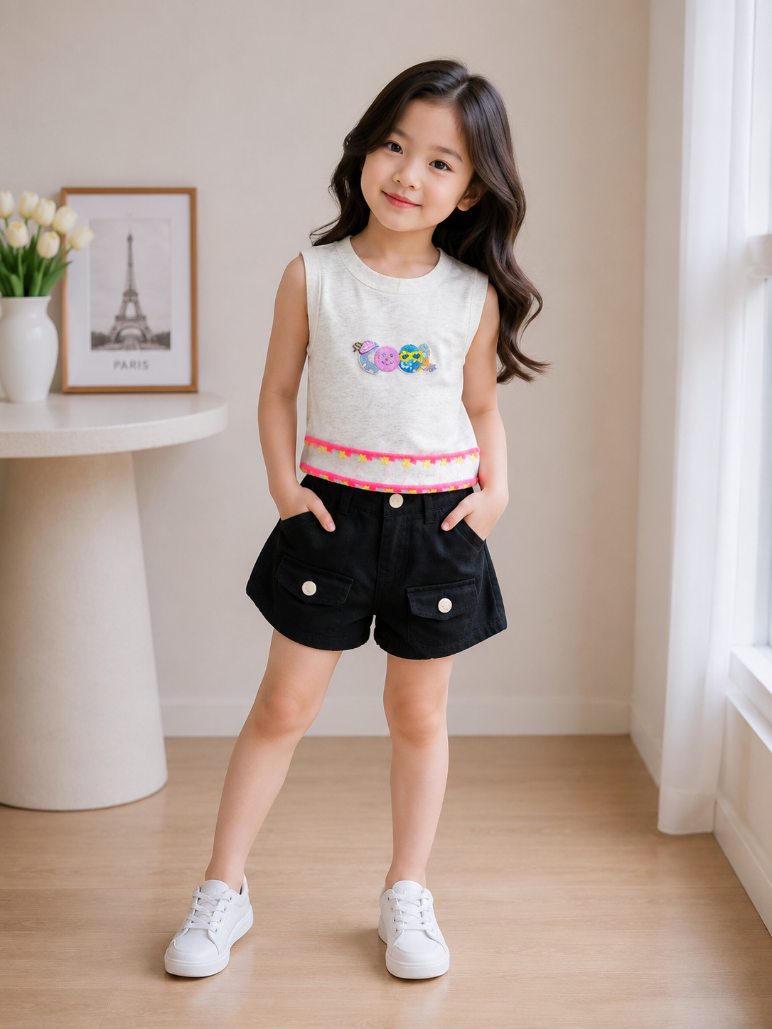 Girls Mock Neck Embroidered Top & Cargo Shorts Co-Ord Set