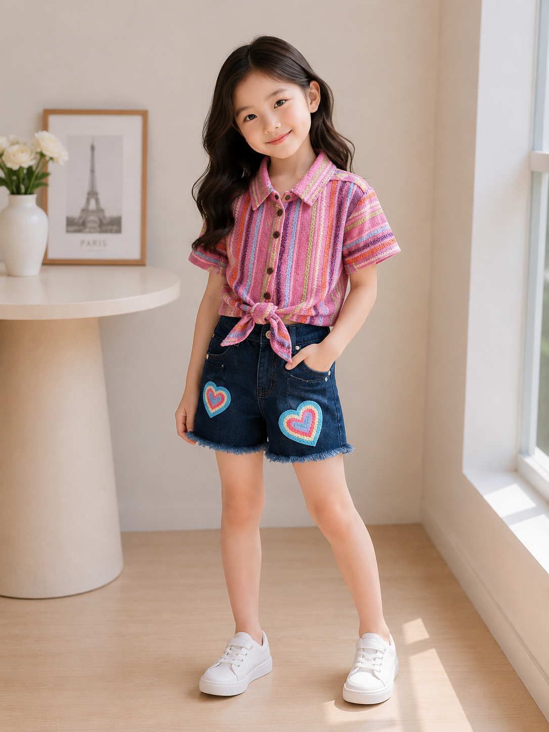 Girls Rainbow Stripe Knot Shirt & Heart Patch Denim Shorts Set