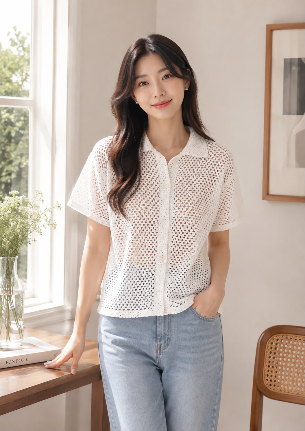 Open Knit Collared Shirt Top