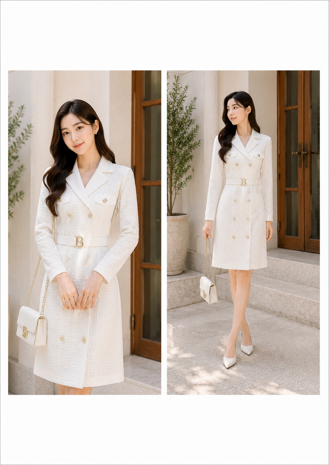 Ivory Elegance Double-Breasted Knit Dress