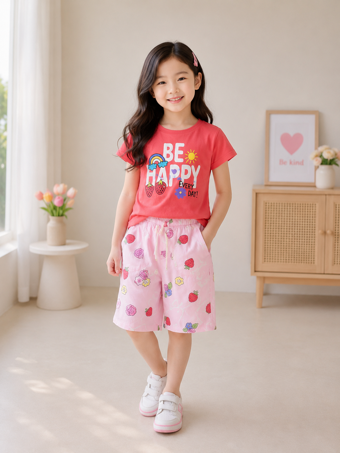 Be Happy Graphic T-Shirt & Floral Print Shorts Co-Ord Set