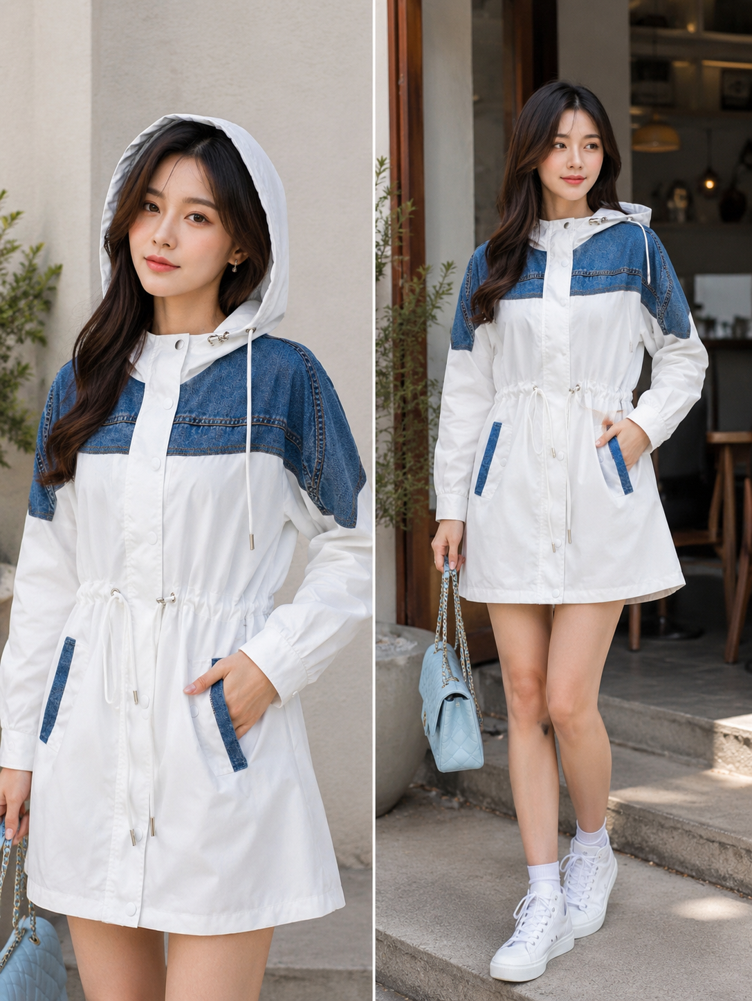 Women’s White & Denim Hooded Utility Jacket