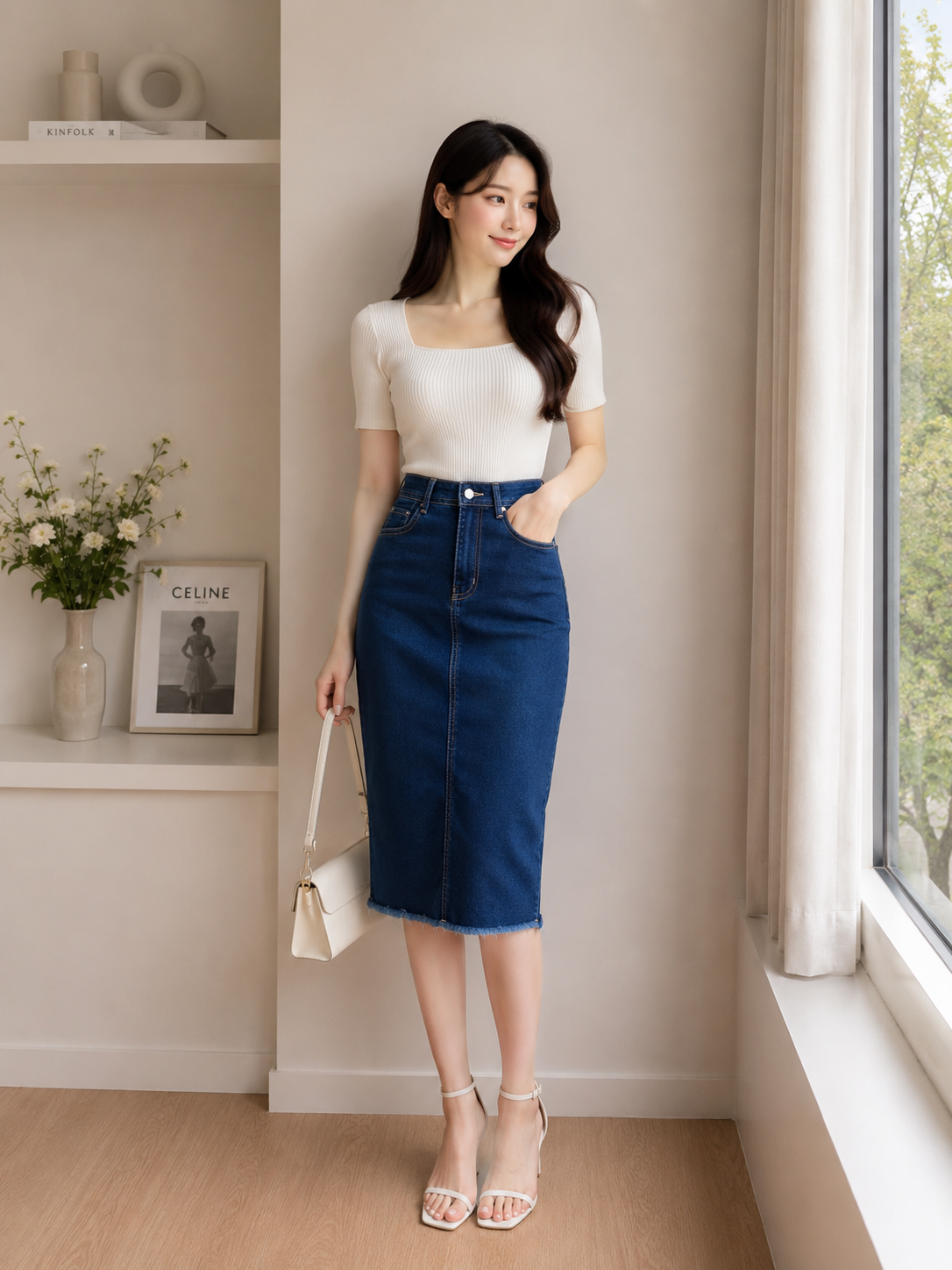 Noa Denim Pencil Midi Skirt