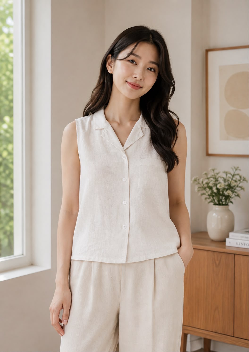 Linen-Inspired Sleeveless Button-Up Top